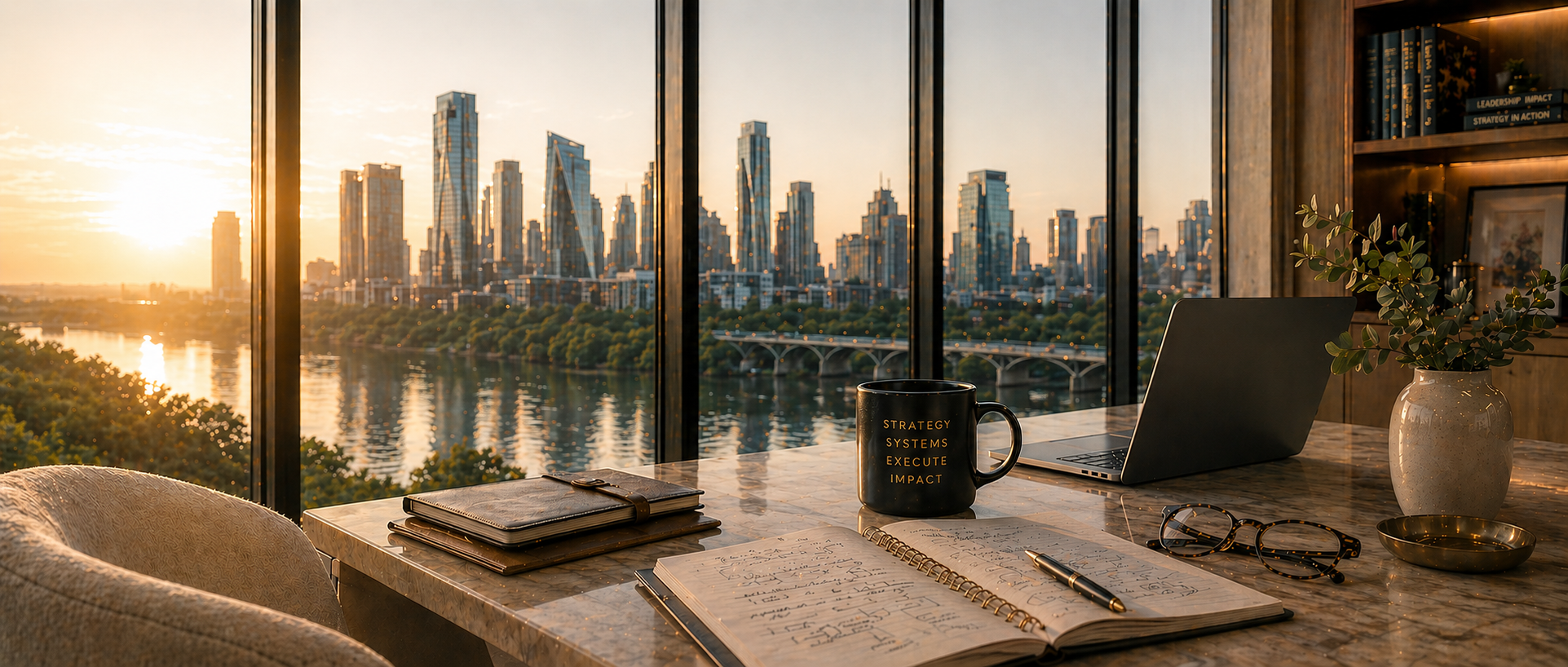 A warm professional workspace with notebooks and an unbranded laptop overlooking a city skyline at sunset